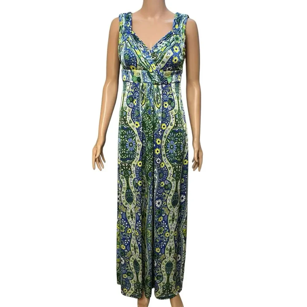 Gianni Bini Floral Maxi Dress 4 Blue Multi Retro Colorful Sleeveless V Neck Mod
